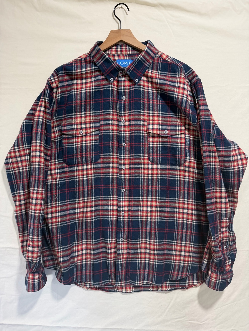 COAST Men’s XL Waterfront Flannel Shirt Navy Red Plaid Button Up